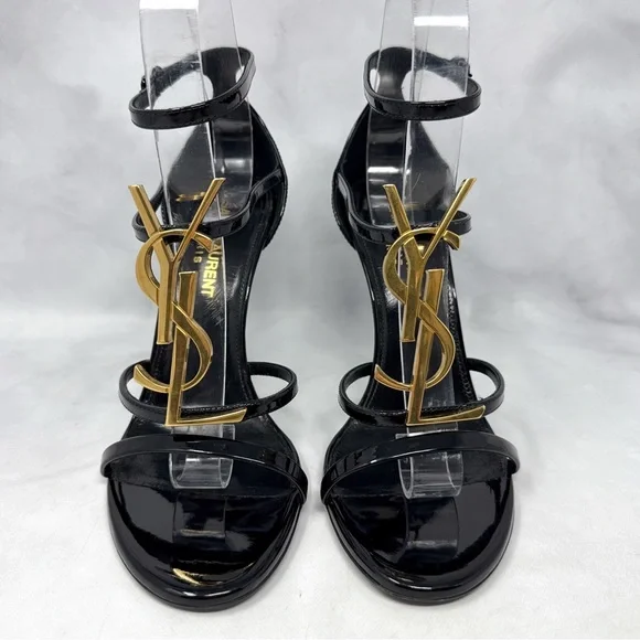 Saint Laurent YSL Cassandra Patent Leather Strappy Sandal Heels Black Gold 36.5 - Picture 4 of 16